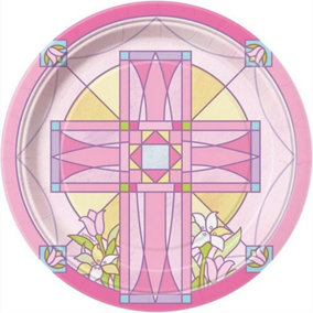 Unique Party Paper Sacred Cross Disposable Plates (Pack of 8) Pink/Yellow (One Size)
