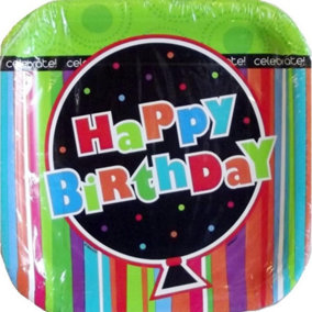 Unique Party Paper Striped Birthday Disposable Plates (Pack of 8) Multicoloured (One Size)
