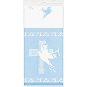 Unique Party Plastic Cross Baptism/Christening Tablecloth Blue/White (One Size)