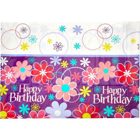 Unique Party Plastic Floral Happy Birthday Party Table Cover Purple/Multicoloured (2.1m x 1.3m)