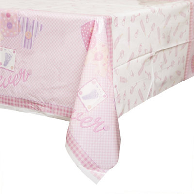 Unique Party Plastic Rectangular Baby Shower Party Table Cover Pink/White (One Size)