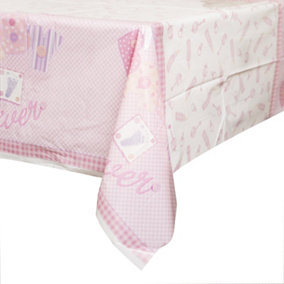 Unique Party Plastic Rectangular Baby Shower Party Table Cover Pink/White (One Size)