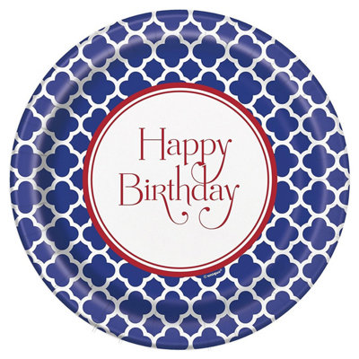 Unique Party Quatrefoil Happy Birthday Party Plates (Pack of 8) Navy Blue/White (One Size)