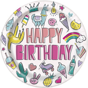 Unique Party Round Happy Birthday Disposable Plates (Pack of 8) Multicoloured (One Size)