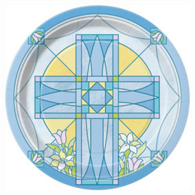 Unique Party Sacred Cross Dessert Plate (Pack of 8) Blue/Yellow/White (One Size)