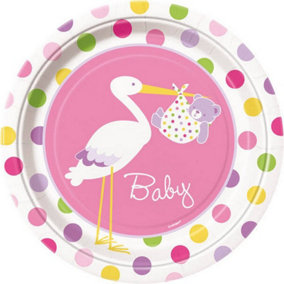 Unique Party Stork Baby Shower Disposable Plates (Pack of 8) Pink/White (One Size)