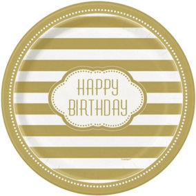 Unique Party Striped Birthday Party Plates (Pack of 8) White/Gold (One Size)