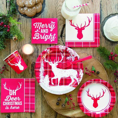 Unique Party Traditional Deer Christmas Napkins (Pack of 16) Red (One Size)
