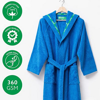 United Colors of Benetton 100% Cotton Bathrobe with Hoodie L/XL Blue