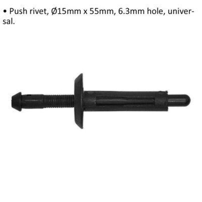 Universal 20 Pack Push Rivet Trim Clips - 15mm x 55mm with 6.3mm Hole