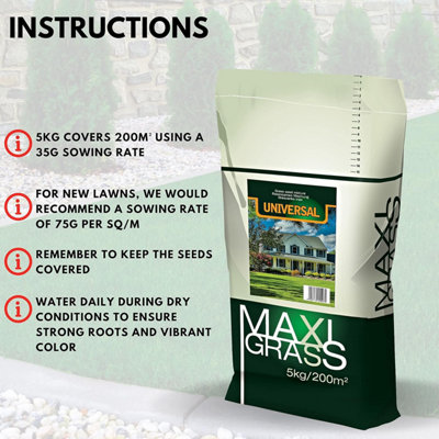 Universal Grass Seeds Fast Growing - 5kg Lawn Grass Seed Covers 200m² - Back Lawn Green Grass and Hard Wearing Tough Garden Seed