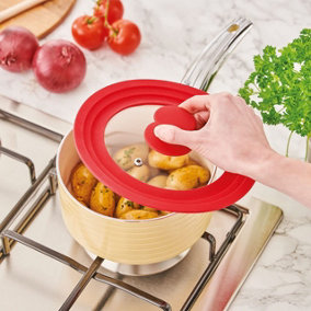Universal Pan Lid - Dishwasher Safe Glass Lid with Red Cool Touch Silicone Rim & Handle & Steam Hole - Fits 16, 18 & 20cm Pans