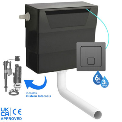 Universal Side Entry Concealed Toilet Cistern with WC Dual Flush Gunmetal Square Button - Includes Internals & Pipe