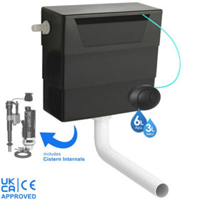 Universal Side Entry Concealed Toilet Cistern with WC Dual Flush Matt Black Push Button - Includes Internals & Pipe