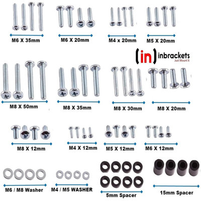 Universal Vesa Screw Bolt Washer Spacer Spares Pack Kit for TV Bracket Wall Mounts M4 M5 M6 M8 TOTAL 68 Pieces