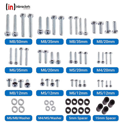 Universal Vesa Screw Bolt Washer Spacer Spares Pack Kit for TV Bracket Wall Mounts M4 M5 M6 M8 TOTAL 68 Pieces