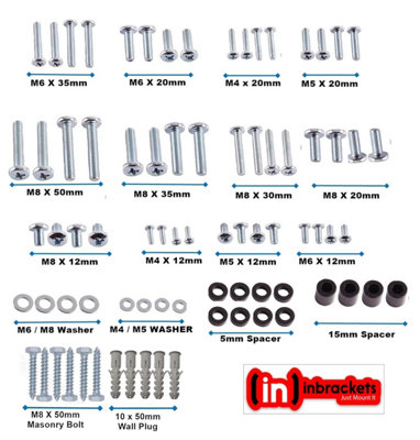 Universal Vesa Screw Bolt Washer Spacer Spares Pack Kit for TV Mounting Wall Bracket Mounts M4 M5 M6 M8 80 Pieces - 4