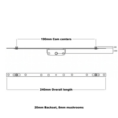 Universal Window Repair Kit Inline 240mm Espag Espagnolette 20mm Backset 8mm Mushrooms Keeps + Screw Included