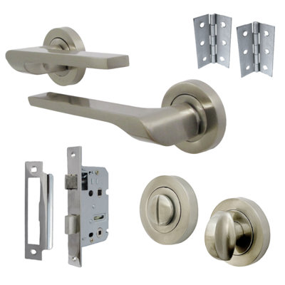 UNO-2 Door Handle Bathroom Set Modern Satin Nickel Lever on Rose Internal Thumbturn Pack
