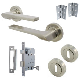 UNO-2 Door Handle Lock Key Set Modern Satin Nickel Lever on Rose Internal Escutcheon