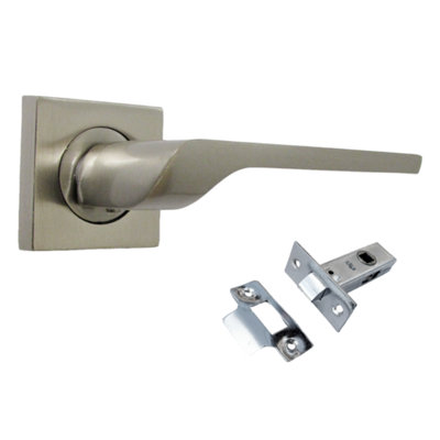 UNO-2 Door Handle Satin Nickel Modern Lever on Square Rose Internal Handles + 64mm Latch