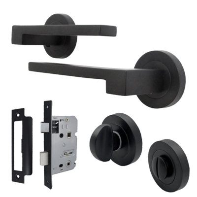 UNO-3 Door Handle Bath Set Modern Matt Black Lever on Rose Internal Thumbturn Set