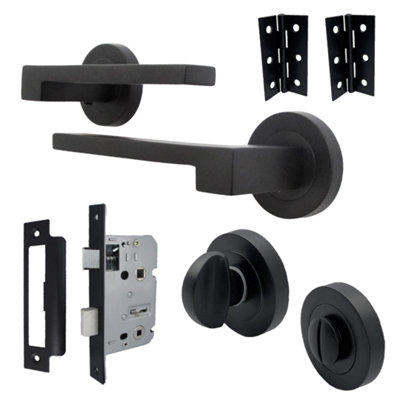 UNO-3 Door Handle Bathroom Set Modern Matt Black Lever on Rose Internal Thumbturn Set