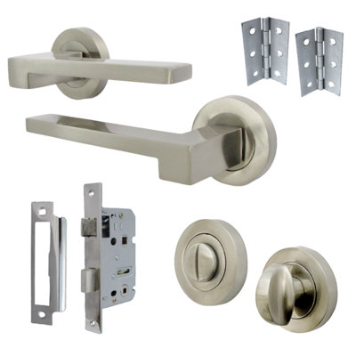 UNO-3 Door Handle Bathroom Set Modern Satin Nickel Lever on Rose Internal Thumbturn Pack