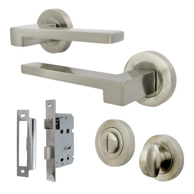 UNO-3 Door Handle Bathroom Set Modern Satin Nickel Lever on Rose Internal Thumbturn