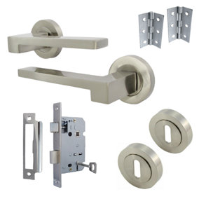 UNO-3 Door Handle Lock Key Set Modern Satin Nickel Lever on Rose Internal Escutcheon Pack