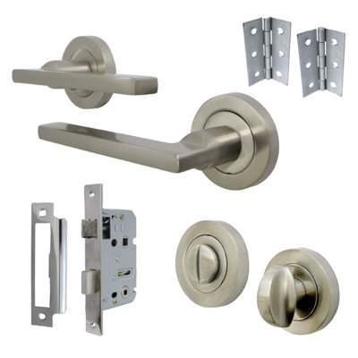 UNO Door Handle Bathroom Set Modern Satin Nickel Lever on Rose Internal Thumbturn Pack