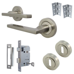 UNO Door Handle Lock Key Set Modern Satin Nickel Lever on Rose Internal Escutcheon Pack
