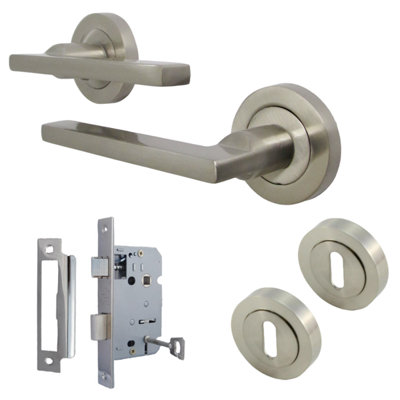 UNO Door Handle Lock Key Sets Modern Satin Nickel Lever on Rose Internal Escutcheon Pack
