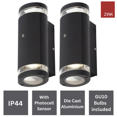 Up Down Wall Lighting Outdoor with Photocell & GU10s- Black - Twin Pack