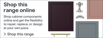 Selection of kitchen cabinet components, including doors in different colours, a hinge, and various handles. Text overlay reads: 'Shop this range online. Shop cabinet components online and get the fle