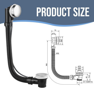 Upgraded Bath Waste and Overflow Kit Chrome Pop Up Bath Plug Bath Drain ...