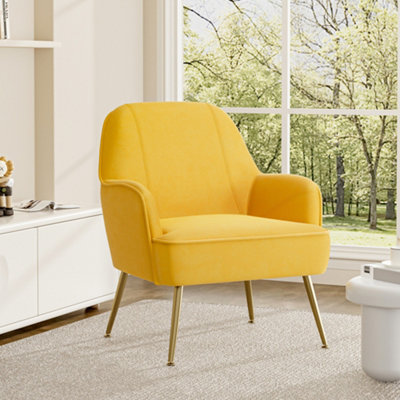 Upholstered Armchair Yellow Velvet Chair with Golden Feet