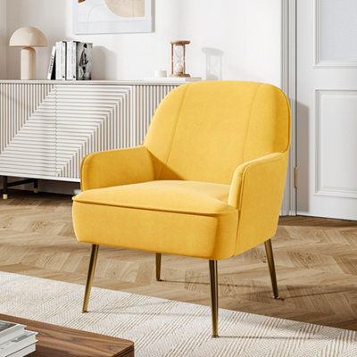 Upholstered Armchair Yellow Velvet Chair with Golden Feet