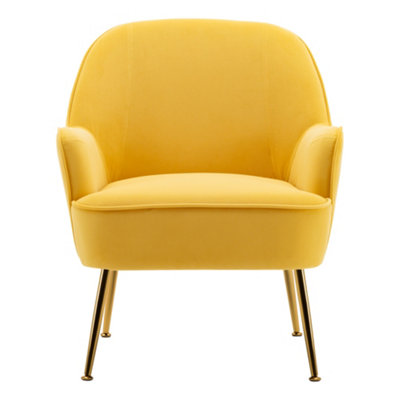Upholstered Armchair Yellow Velvet Chair with Golden Feet