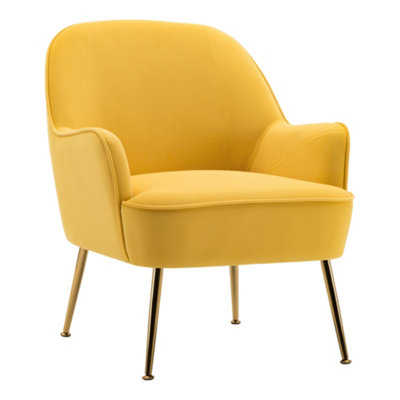 Upholstered Armchair Yellow Velvet Chair with Golden Feet