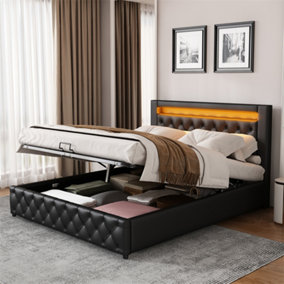 Upholstered Bed 135 x 190 cm with Slatted Frame and Storage Space, LED Lighting in Different Colors, Black, PU