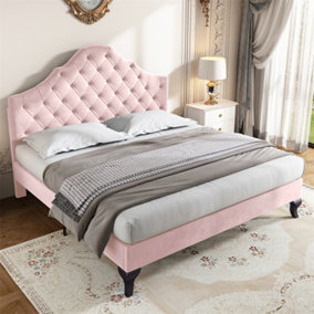 Upholstered Bed 135x190 with Slatted Frame and Height-adjustable Headboard, Double Bed, Velvet, Pink