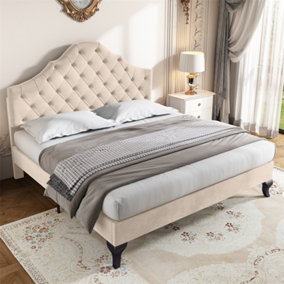 Upholstered Bed 135x190 with Slatted Frame and Height-adjustable Headboard, Velvet, Beige
