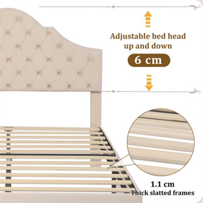 Upholstered Bed 135x190 with Slatted Frame and Height-adjustable Headboard, Velvet, Beige
