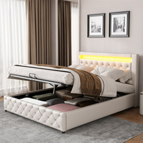 Upholstered Bed 150 x 200 cm with Slatted Frame and Storage Space, LED Lighting in Different Colors, White, PU