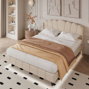 Upholstered Bed, 150x200 cm Functional Bed with Body-sensing LED Light, Light Strips at Bedside and Foot, Velvet, Beige