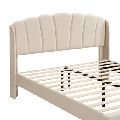 Upholstered Bed, 150x200 cm Functional Bed with Body-sensing LED Light, Light Strips at Bedside and Foot, Velvet, Beige