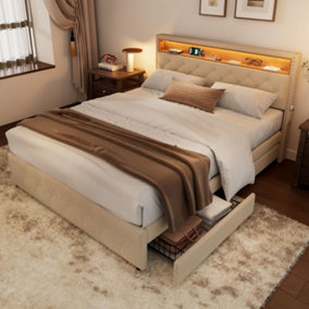 Upholstered Bed, 150x200 cm Functional Bed with LED Light, Bedside Pocket Design and Four Storage Drawers, Linen, Beige
