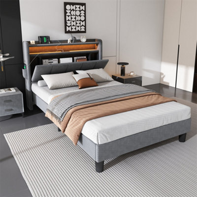 Upholstered Bed, 3FT Single Bed 90x190cm, Lower Flap Door Storage, With LED Light Strip, 3 USB Port+1 Type C, Velvet, Grey