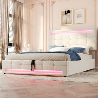 Upholstered bed Hydraulic Bed Adults Teenagers Double Bed with 7colors LED light strips Velvet Iron